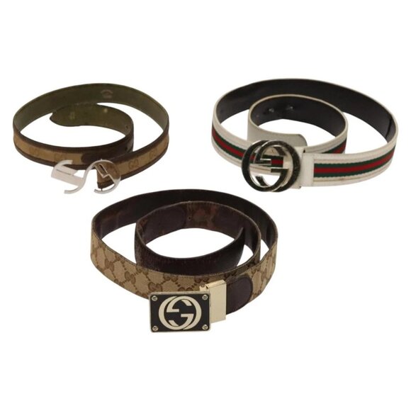 GUCCI GG Canvas Web Sherry Line Belt Canvas 3Set White Beige Auth ti3375 - Picture 1 of 16
